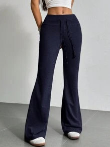 SHEIN EZwear Drawstring Waist Flare Leg Sweatpants - Navy Blue - View 5