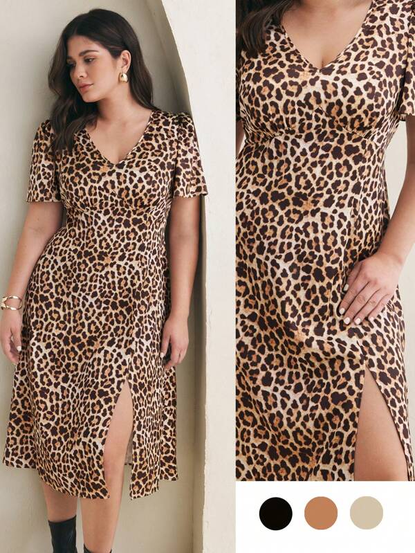 BizChic Plus Size V-Neck Short Sleeve Leopard Printed Casual Elegant Split Dress