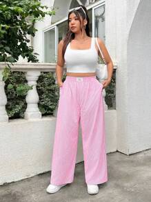 SHEIN EZwear Valentine's Day,Plus Size Casual Loose Striped Palazzo Pants For Summer - Pink - View 5