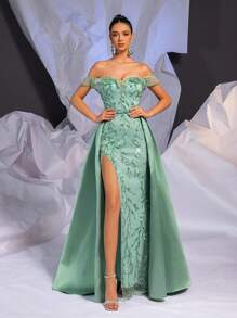 Glamrae Elegante y hermoso vestido largo de satén con abertura, con hombros descubiertos, con incrustaciones de flores en forma de lentejuelas, de color verde hierba, con gran vuelo desprendible, adecuado para eventos de boda, fiesta de graduación, cena formal y talla grande (estilo industrial pesado), vestido de noche formal para invitados de boda - Verde - Ver 7