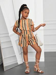 SHEIN Conjunto de 3 piezas para niñas preadolescentes: top casual sin mangas, pantalones de pierna recta y scrunchies para el cabello, primavera verano