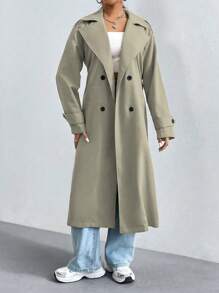 SHEIN Unity 女士纯色简约休闲翻领纽扣长袖风衣 - 卡其色 - 查看 3