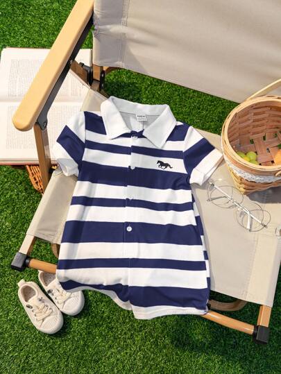 SHEIN 新生男童/女童海军蓝条纹领口短袖连体短裤套装，休闲夏季沙滩装