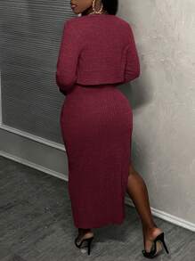 Slaydiva 两件套女士休闲开衩罗纹纯色吊带中长连衣裙和长袖开襟上衣 - 酒紅色 - 查看 2