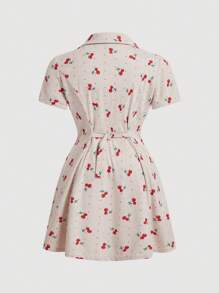 SHEIN MOD Vestido corto de apertura frontal con cuello de solapa, estampado de cerezas y pana vintage en talla grande en color caqui