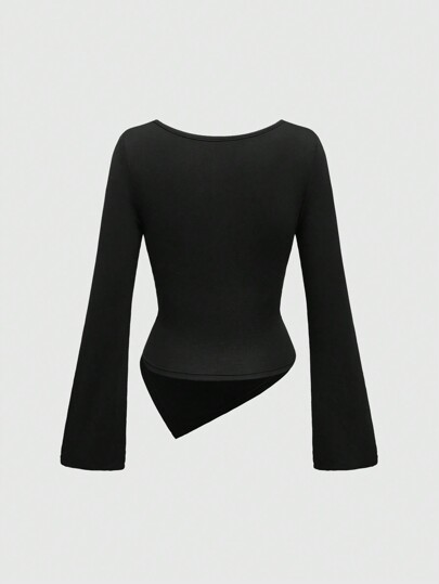 Grunge Punk Y2K Chic Sexy Plunge Neckline Asymmetric Hem Fitted Long Sleeve T-Shirt, Women's Solid Color Versatile Undershirt For Fall/Winter
