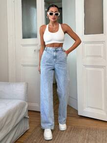 RueChic HIGH RISE STRAIGHT CUT ELASTIC BELT DETAIL WOMEN JEAN - Medium Wash - View 4