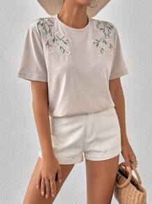Cloudara T-Shirt With Flower Embroidery At Shoulder, Round Collar - Beige - View 3