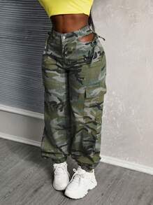 SHEIN Slayr 女士迷彩高腰抽绳牛仔裤 - 軍綠色 - 查看 5