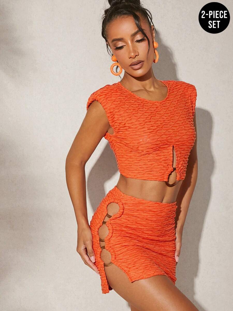 SHEIN Unity Ring Textured Crop Top & Skirt Two Pieces Two Pieces Set - Orange - View 1