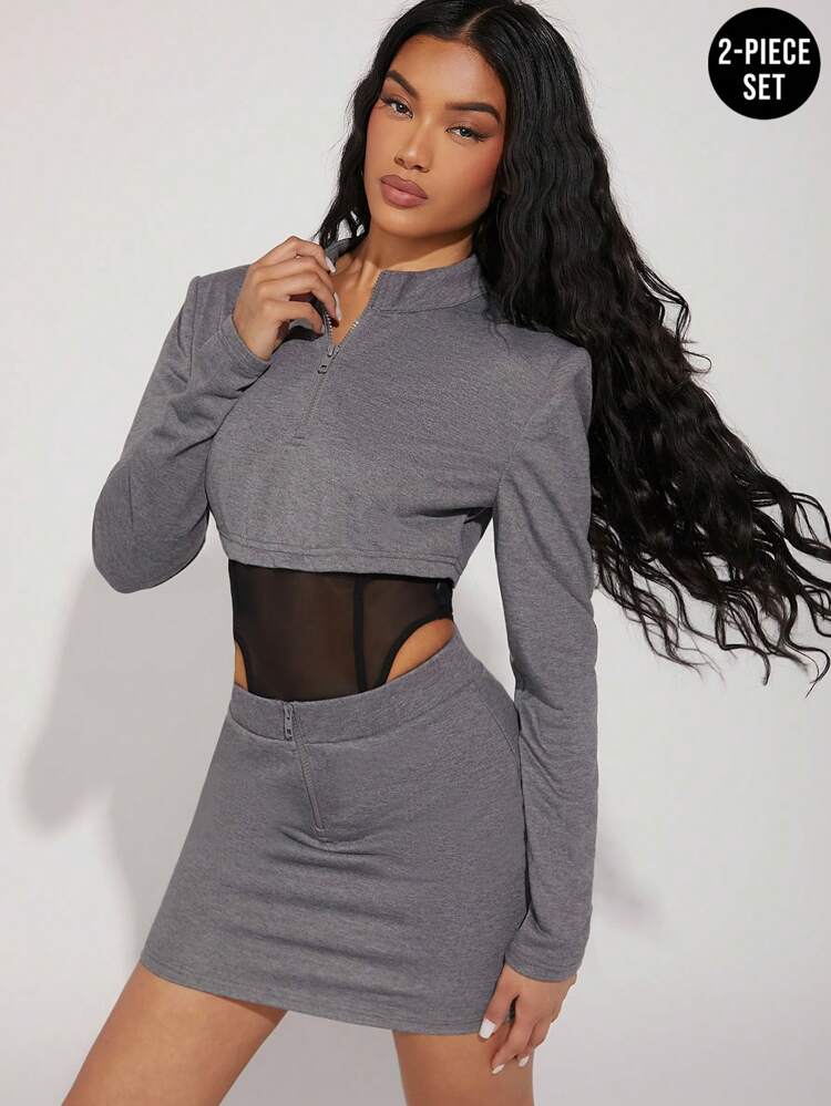 Cropped Quarter Zip Sweatshirt & Mini Skirt Two Piece Set