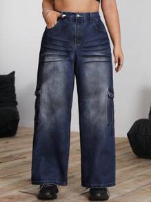 SHEIN ICON 大码女式口袋装饰休闲彩绘牛仔裤 - 藍色 - 查看 5