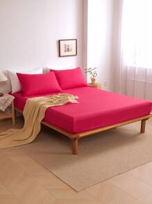 3pcs Solid Deep Pink Fitted Sheet Set, Made Of Microfiber Fabric, Includes 1 Fitted Sheet And 2 Pillow Shams (Pillow Insert Not Included), Modern Soft Bedding Set, Suitable For Home, Dorm, Back To School, Deep Pocket Design Fits Up To 16-Inch Mattress