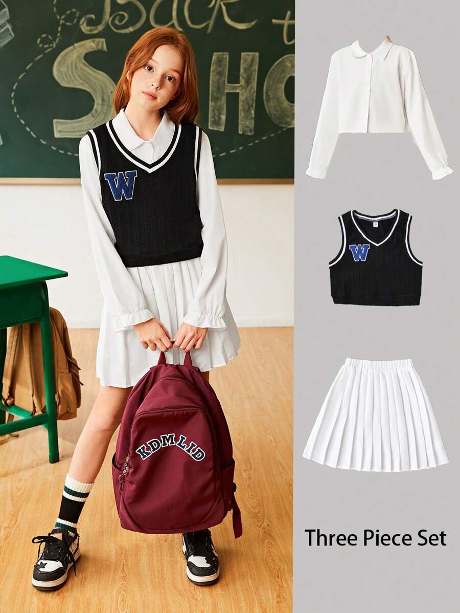 SHEIN Conjunto básico de 3 piezas para niña preadolescente: chaleco, camisa y falda plisada, ropa de vuelta al colegio - Blanco y Negro - Ver 1