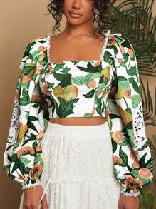 Travachic 女士度假风格编织印花修身短款灯笼袖方形领衬衫、女式衬衫、秋装 - 彩色 - 查看 1