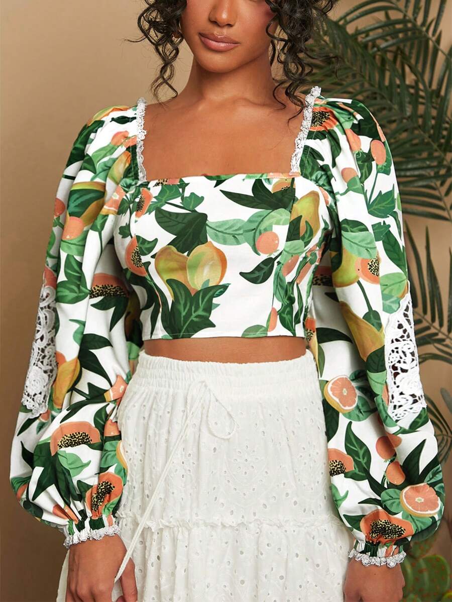 Travachic 女士度假风格编织印花修身短款灯笼袖方形领衬衫、女式衬衫、秋装 - 彩色 - 查看 1