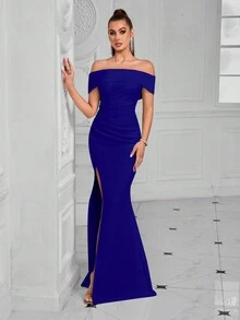 ADYCE Off-The-Shoulder Ruched Front Slit Cocktail Party Dress Formal Evening Prom Wedding Guest Dress, For Graduation, Dinner - Royal Blue - View 5