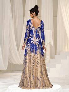 Faeriesty Deep V-Neck Backless Tie Sequin Formal Ball Gown - Royal Blue - View 3