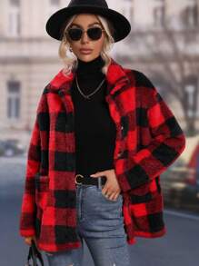 SHEIN LUNE 休闲格子羊毛夹克，秋冬 - 紅色 - 查看 1