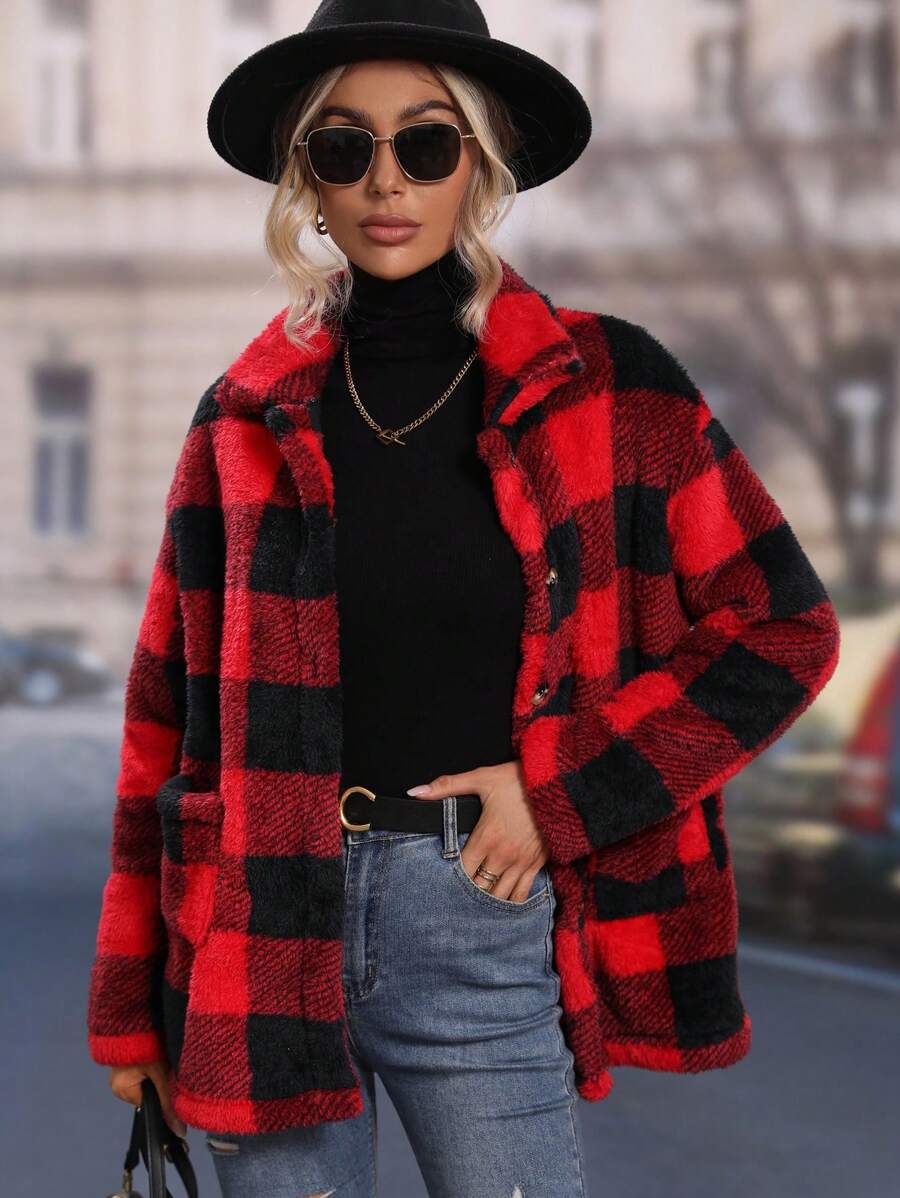 SHEIN LUNE 休闲格子羊毛夹克，秋冬 - 紅色 - 查看 1