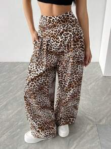 StreetHx 女式高腰豹紋寬腿寬鬆休閒超長褲 - 彩色 - 查看 6
