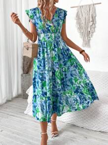Breezaya V領全印花荷葉邊連衣裙，適合假日穿著 - 青碧色 - 查看 3