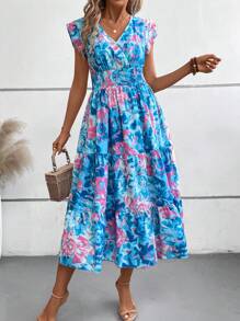 Breezaya Robe longue avec imprimé tout-sur-tout et volants pour les vacances d'été, tenue de plage pour femmes