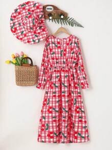 SHEIN Girls' (Big) Casual Sweet Cherry Plaid Ruffle Collar Long Sleeve Dress With Hat, Ideal For Vacation