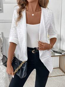 SHEIN Clasi Women's Solid Color Lace Casual Regular Jacket,Fall Clothes - White - View 3