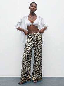 Maija Women's Leopard Print Wide Leg Pants,Beige Chic Autumn Vacation,Bohemian Style Comfortable Fashion Beach Versatile Spring/Summer Wear - Khaki - View 7