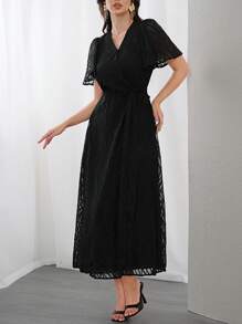 Modelyn 女士网眼荷叶边短袖连衣裙长款晚礼服 - 黑色 - 查看 7