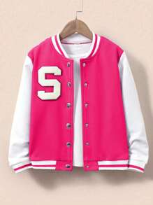 SHEIN Tween 女童纯色拼布前扣长袖字母运动夹克，休闲日常穿着 - 玫紅色 - 查看 1