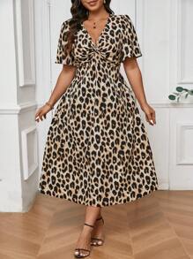 SHEIN Frenchy Plus Size Fall Vintage Leopard Print Short Sleeve Kink Cinched 
Waist Dress - Multicolor - View 3