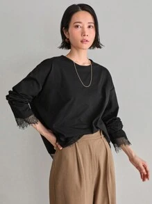 FRIFUL Camiseta holgada de manga larga para mujer de cuello redondo y unicolor de Primavera/Verano con borde de encaje, parte superior casual