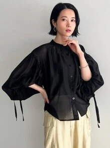 FRIFUL 夏季休閒純色提篮袖襯衫 - 黑色 - 查看 9