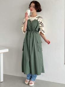 FRIFUL 女式休闲纯色可调节抽绳腰无袖连衣裙，适合返校季太阳裙 - 墨綠色 - 查看 10