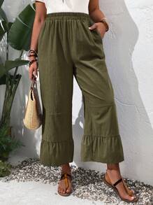 EMERY ROSE Pantalones casuales de uso diario de unicolor con volantes en el bajo para talla grande, estilo campo - Verde militar - Ver 1
