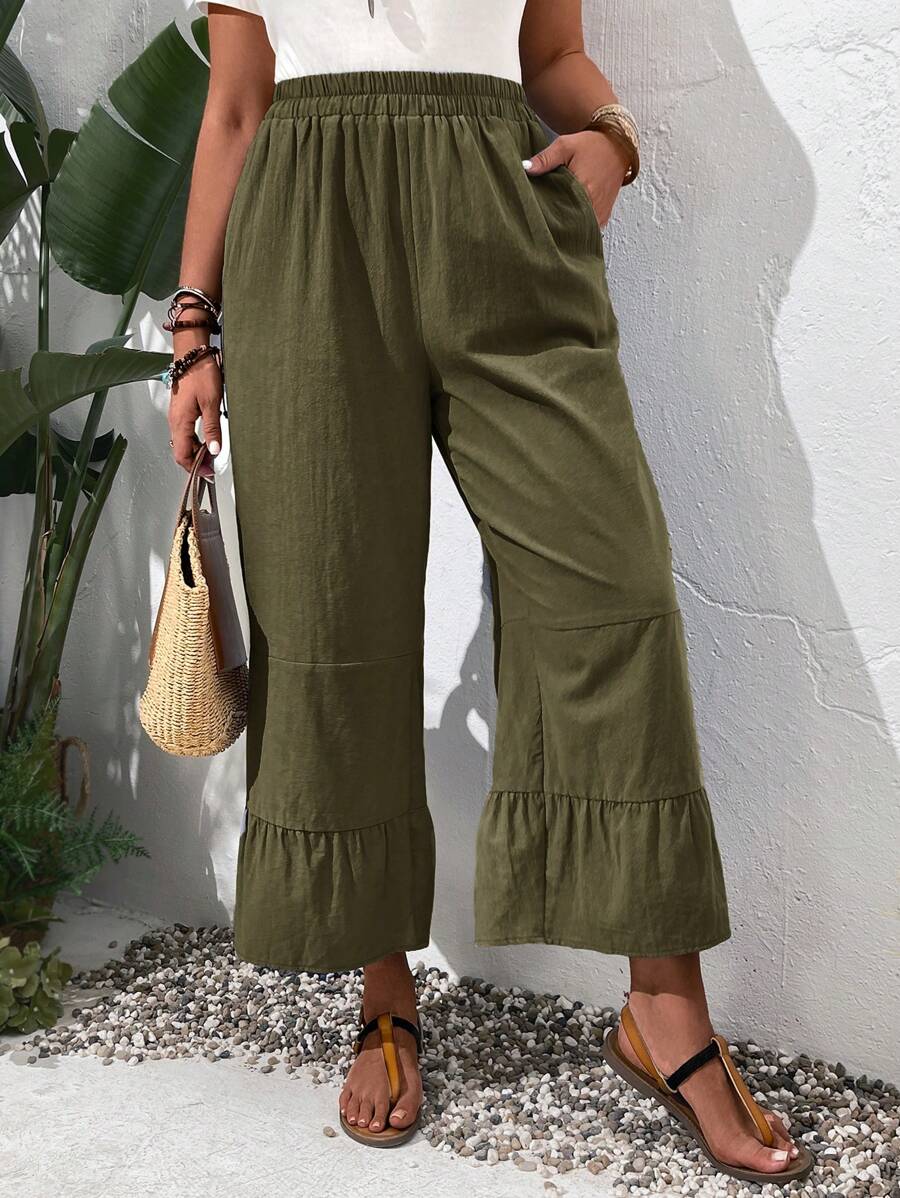 EMERY ROSE Pantalones casuales de uso diario de unicolor con volantes en el bajo para talla grande, estilo campo - Verde militar - Ver 1