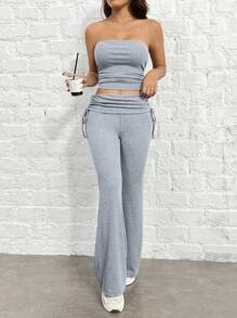 SHEIN EZwear Women's Solid Color Bustier Top And Side Drawstring Pleated Pants Fitted Suit Set - Light Grey - View 5