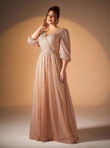 Plus Size V-Neck Ruched Bodice Sequin Decor A-Line Midi Dress Elegant Formal Evening Prom Wedding Guest Gown, For Graduation, Dinner Party Dress - 香檳色 - 查看 4