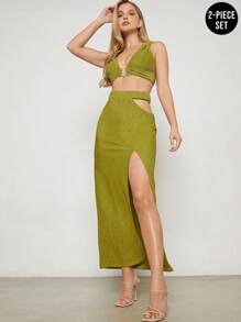 Hauture Set áo crop top & váy xẻ tà hai mảnh - Màu xanh Ô liu - Xem 9