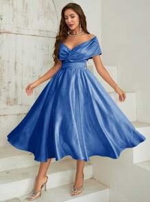 SHEIN Belle Vestido Elegante de Ombro Caído de Cor Sólida - Azul Royal - Visão 5