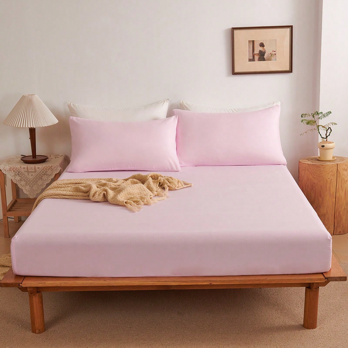 Juego de sábana ajustada rosa sólido de 3 piezas, hecho de tela de microfibra, incluye 1 sábana ajustada y 2 fundas de almohada (sin incluir el rel