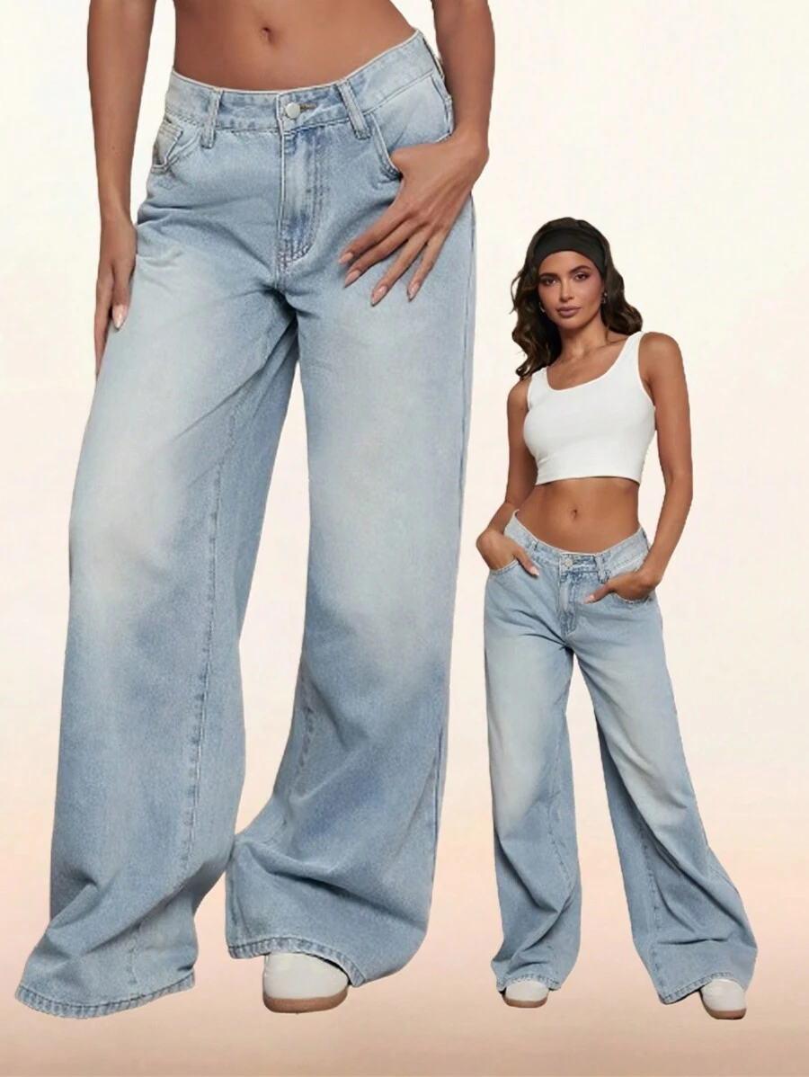 Forever 21 Women Vintage Low Rise Washed Wide Leg Jeans - Blue - View 1