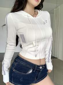 DAZY 女士休闲紧身撞色条纹短款连帽运动衫，春夏女式夹克，秋季女装 - 白色 - 查看 6