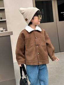 SHEIN 1pc Young Boys Casual Comfortable Fashion Simple Loose Fit Corduroy Lined Jacket, Suitable For Bomber Jacket, Varsity Jacket, Y2K Jacket, Boys Jacket, Kids Outfits, Young Boy Clothes, School Back To School Outfits, Suitable For Daily Wear, School, Travel, Sports, Autumn/Winter Season