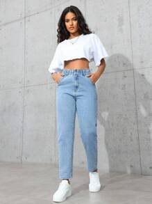 SHEIN PETITE Front Button Multiple Pockets Casual Denim Pants, Daily Wear - Light Wash - View 5