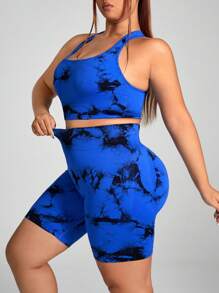 SHEIN Sports Plus Size Seamless Tie-Dye Camisole And Shorts Sports Set - Black - View 2