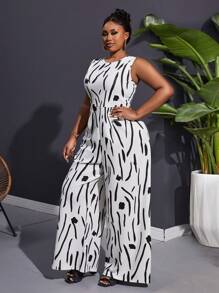 Slaydiva Plus Size Women's Casual Ink Brush Stroke Print Sleeveless Wide Leg Jumpsuit, Spring Summer - Black and White - View 7