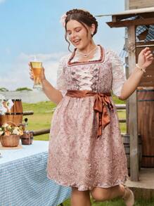 SHEIN Frenchy 大码 Dirndl 女式德国啤酒节蕾丝拼布提花中长连衣裙 - 彩色 - 查看 4